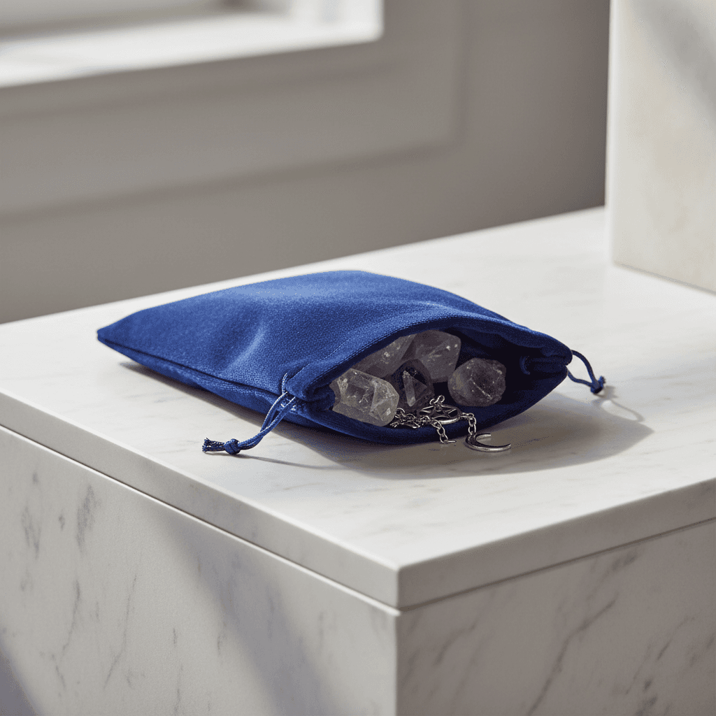 A close-up shot of a 5 x 7 inches blue velveteen bag, mounted on a minimalist, modern altar with soft diffused daylight illuminating the scene. The bag is slightly open, revealing glimpses of polished crystals and small charms inside, their facets catching