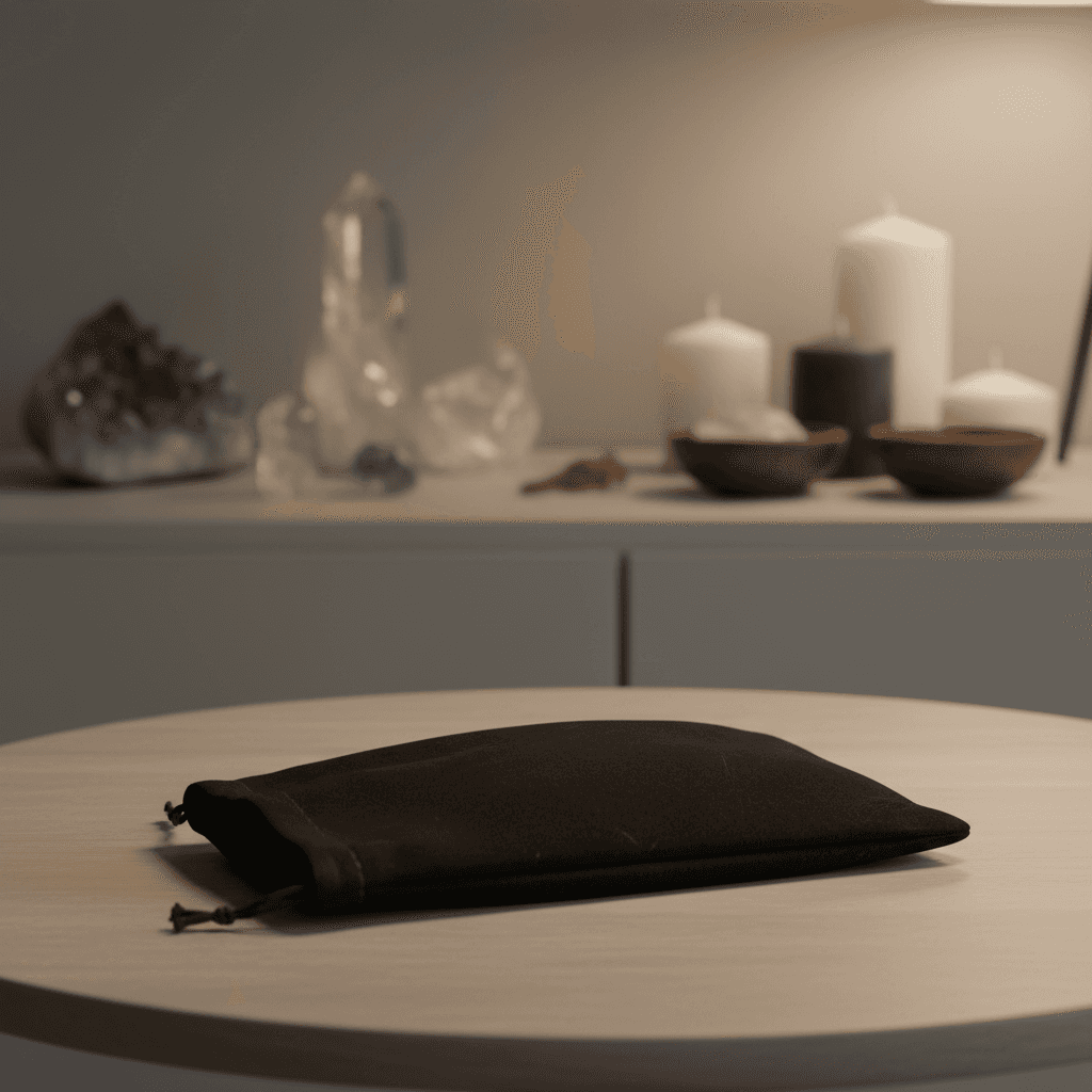 A studio shot in a modern apartment with warm, diffused lighting highlighting the black velveteen bag resting on a neutral-toned wooden table. The composition captures the bag from a slightly elevated angle, showcasing its compact size (4 x 5.5 inches) and
