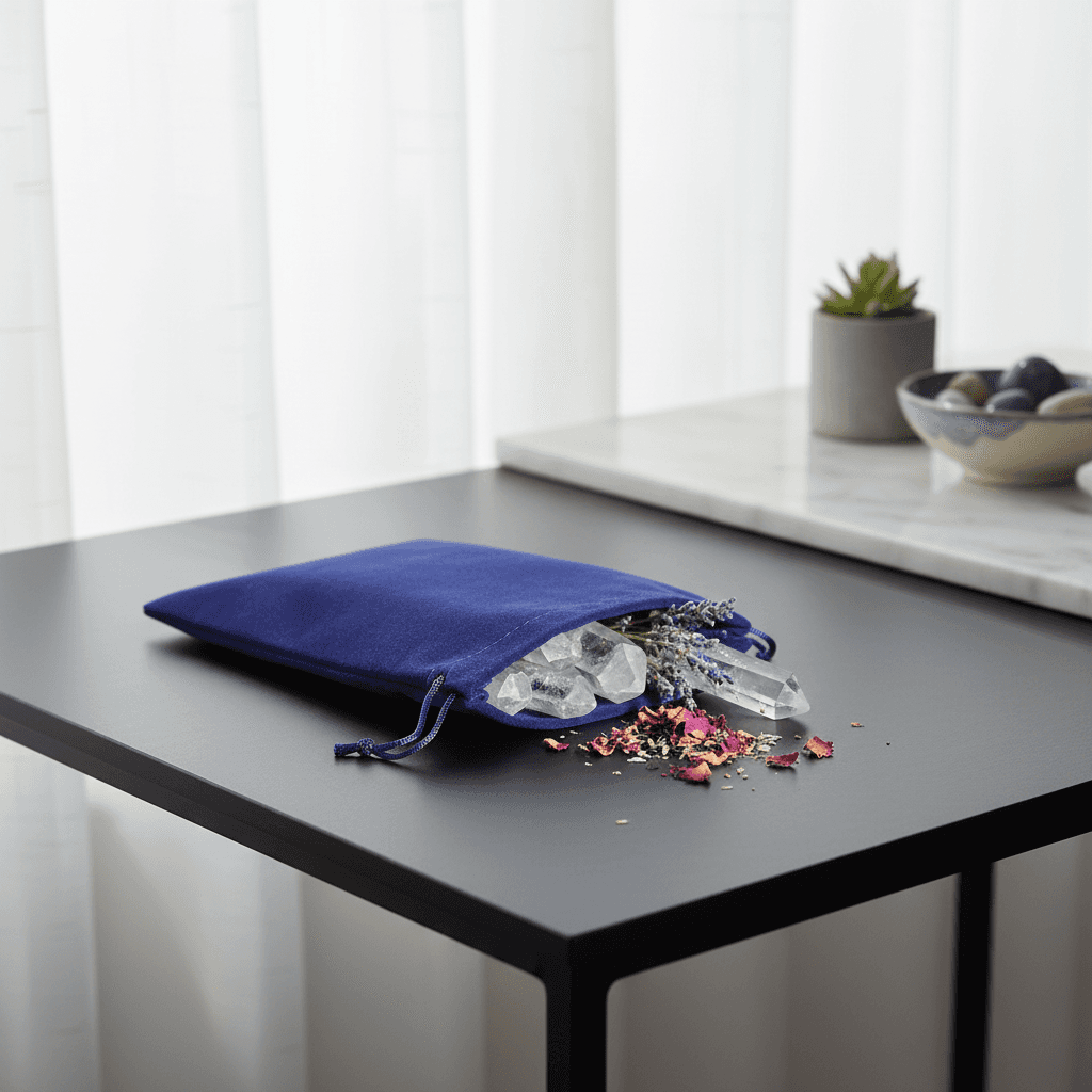 A close-up shot of the Blue Velveteen Bag resting softly on a sleek, matte black surface in a contemporary, minimalist room with natural daylight filtering through sheer white curtains. The bag is slightly open, revealing shimmering crystal points and spel