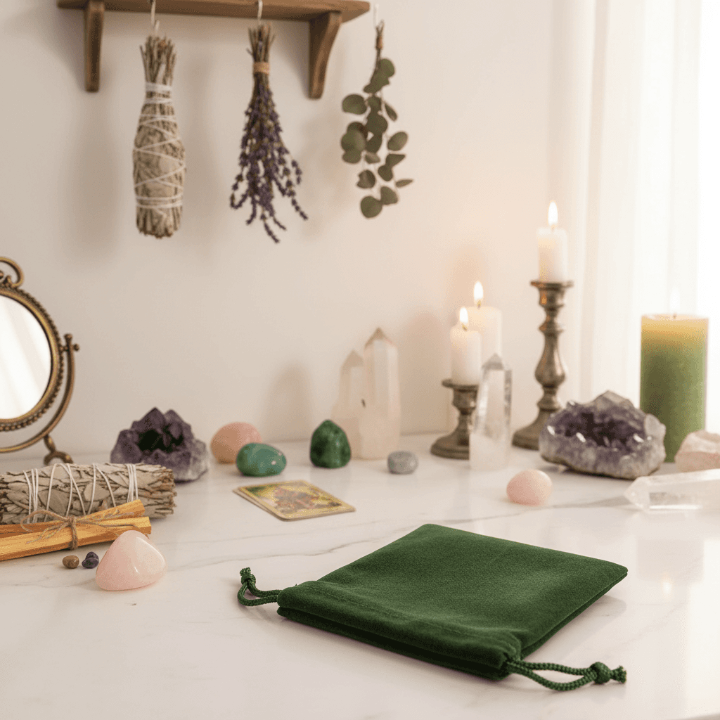 A dynamic lifestyle scene inside a bright, modern metaphysical home with natural diffused daylight. The Green Velveteen Bag, 3 x 4 inches, rests delicately on a white marble surface, with a softly blurred background of a cozy altar space decorated with cry