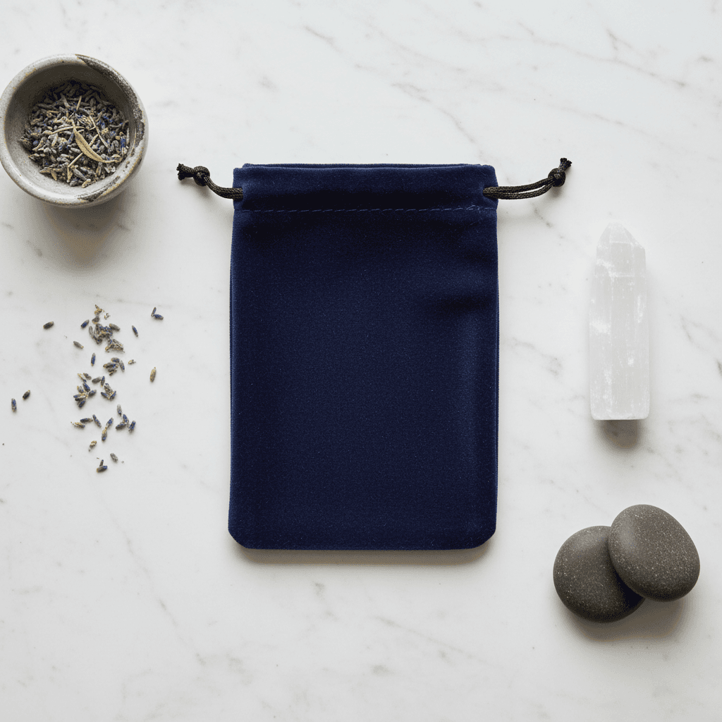 A styled flat lay of the Blue Velveteen Bag, measuring 3 x 4 inches, resting on a matte marble surface within a contemporary personal sacred space. The scene is lit with softbox lighting to evenly diffuse gentle light across the fabric, emphasizing its vel