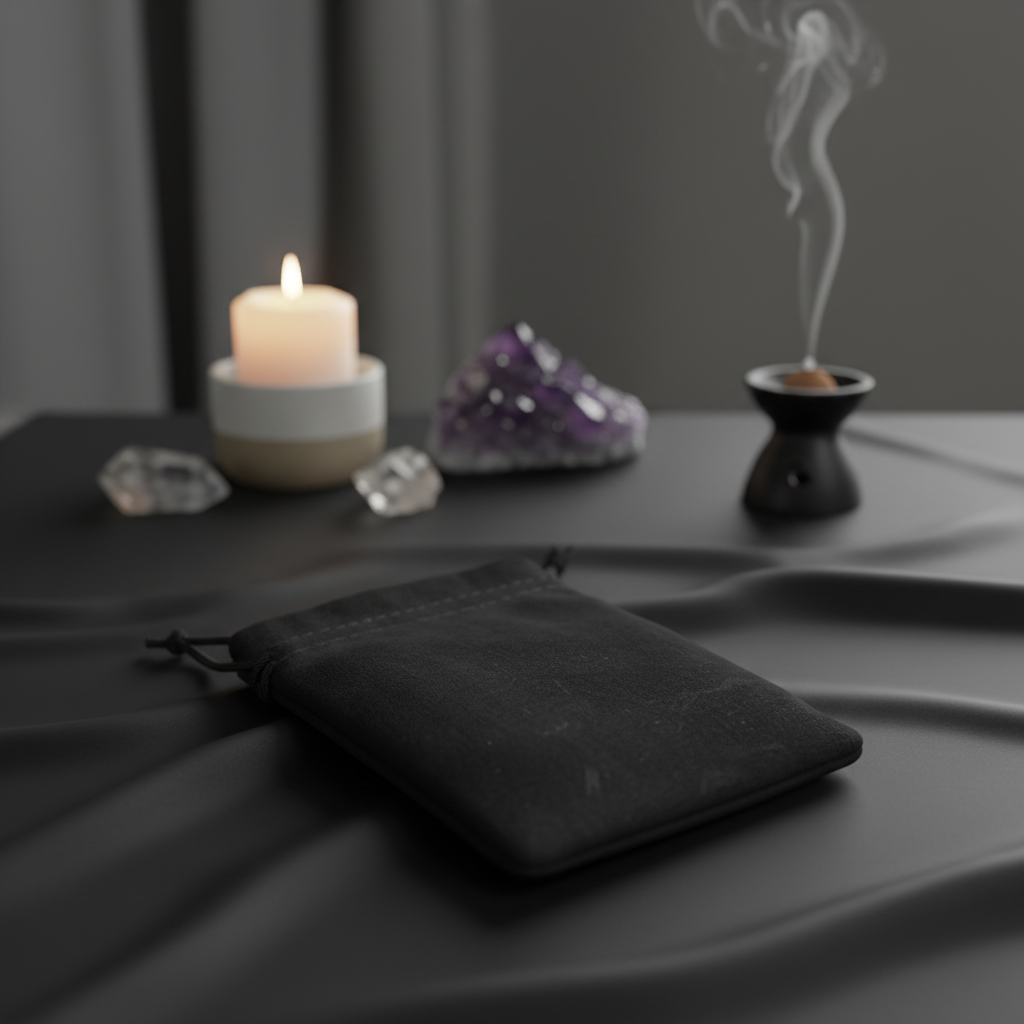 A styled scene of the black velveteen pouch placed elegantly on a matte black satin cloth, set within a modern, metaphysical home interior. The lighting employs HDR studio lights, softly diffused to accentuate the rich, velvety surface and create subtle sh