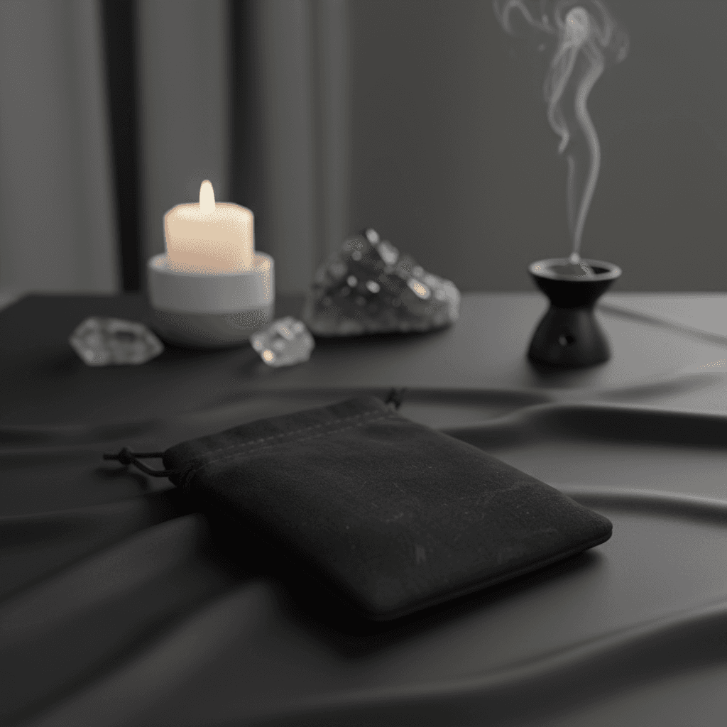 A styled scene of the black velveteen pouch placed elegantly on a matte black satin cloth, set within a modern, metaphysical home interior. The lighting employs HDR studio lights, softly diffused to accentuate the rich, velvety surface and create subtle sh