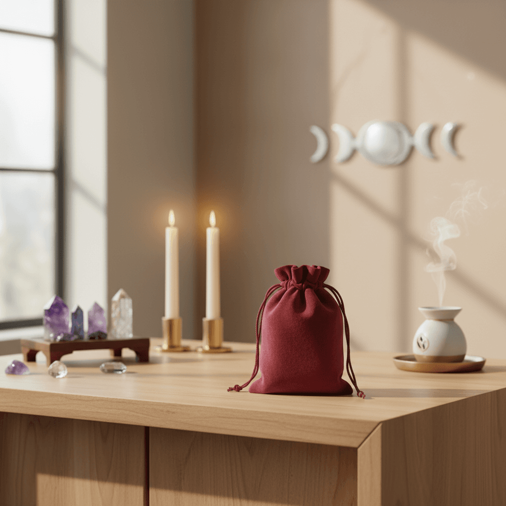 A lifestyle scene within a contemporary, zen-inspired home environment, showcasing the Burgundy Velveteen Bag positioned on a wooden altar or side table. Natural diffused daylight fills the scene, supplemented by HDR studio lighting to accentuate the bag's