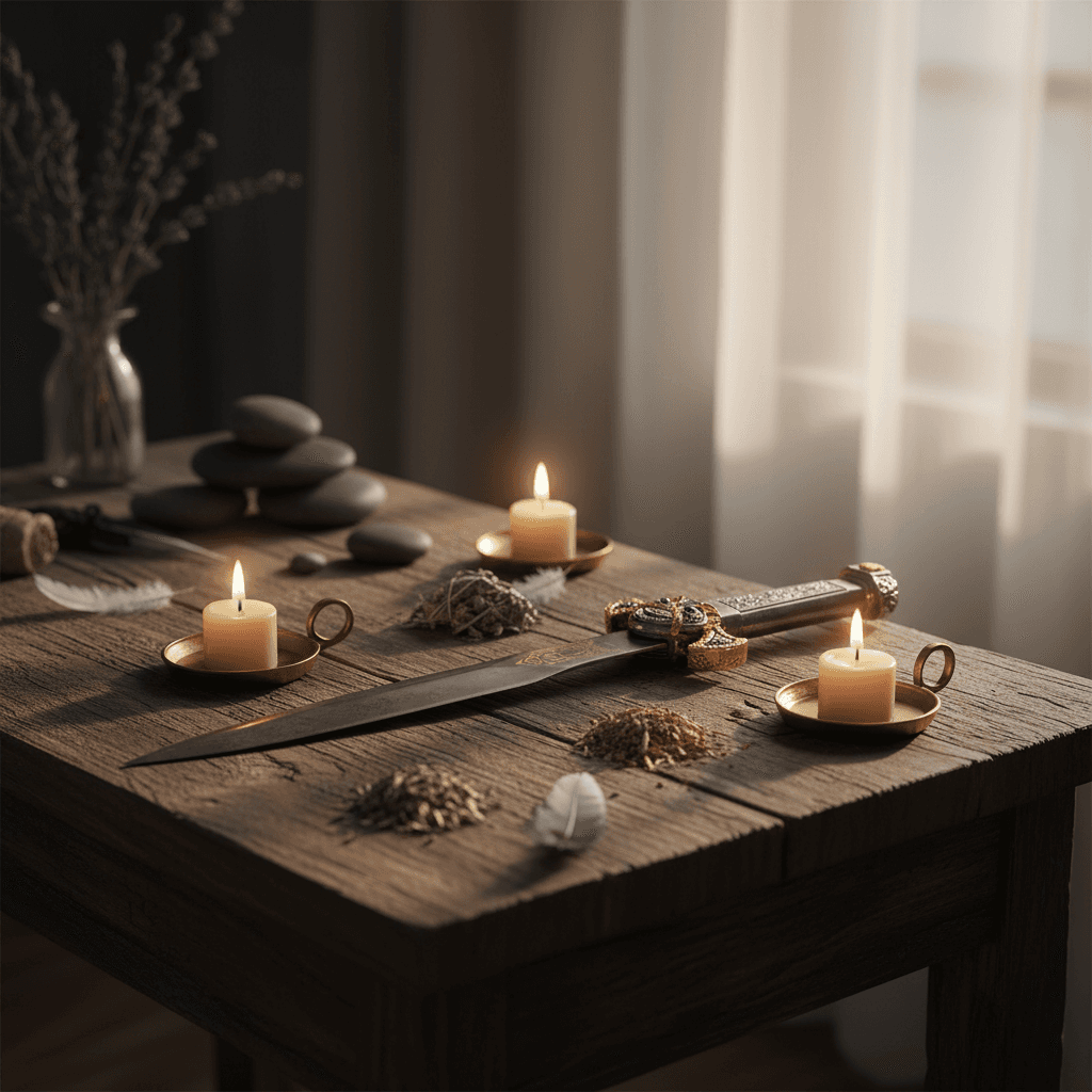 A dramatic lifestyle setting featuring the Ritual Nile Sword Dagger resting on a weathered wooden altar with softly glowing candles around it. Natural diffused daylight filtering through a sheer curtain provides ambient lighting, enhancing the warm, ancien