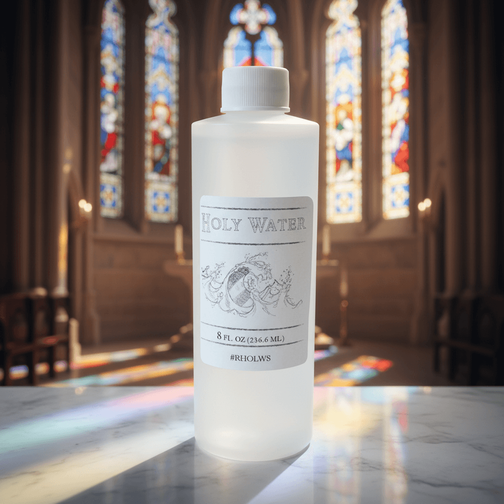A highly detailed, cinematic close-up of a clear, elegant glass bottle labeled 'Holy Water, 8 Fluid Ounces' placed prominently on a pristine marble surface. The scene is lit with softbox studio lighting that highlights the transparency and subtle reflectio