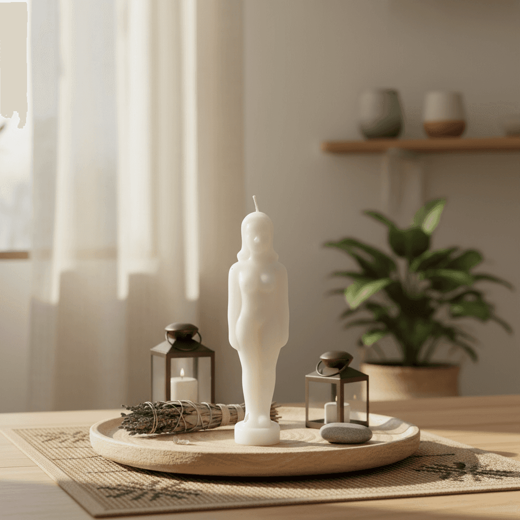 White Woman Candle, 6 3/4", shown in use