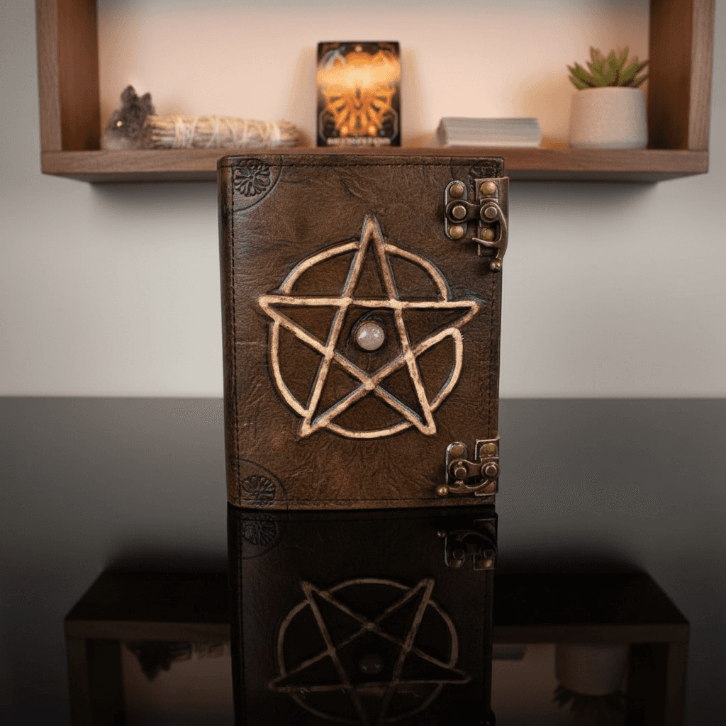 Pentacle and Stone Leather Journal with Latch, detail view