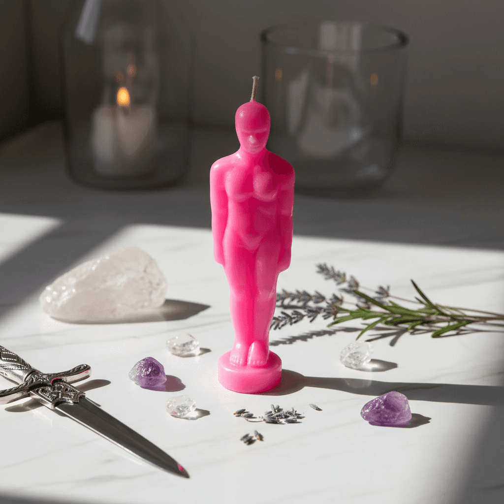 Pink Man Candle, 6 3/4", shown in use