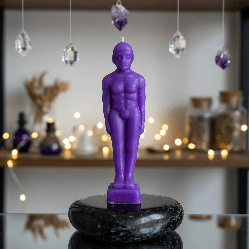 Purple Man Candle, 6 3/4", detail view