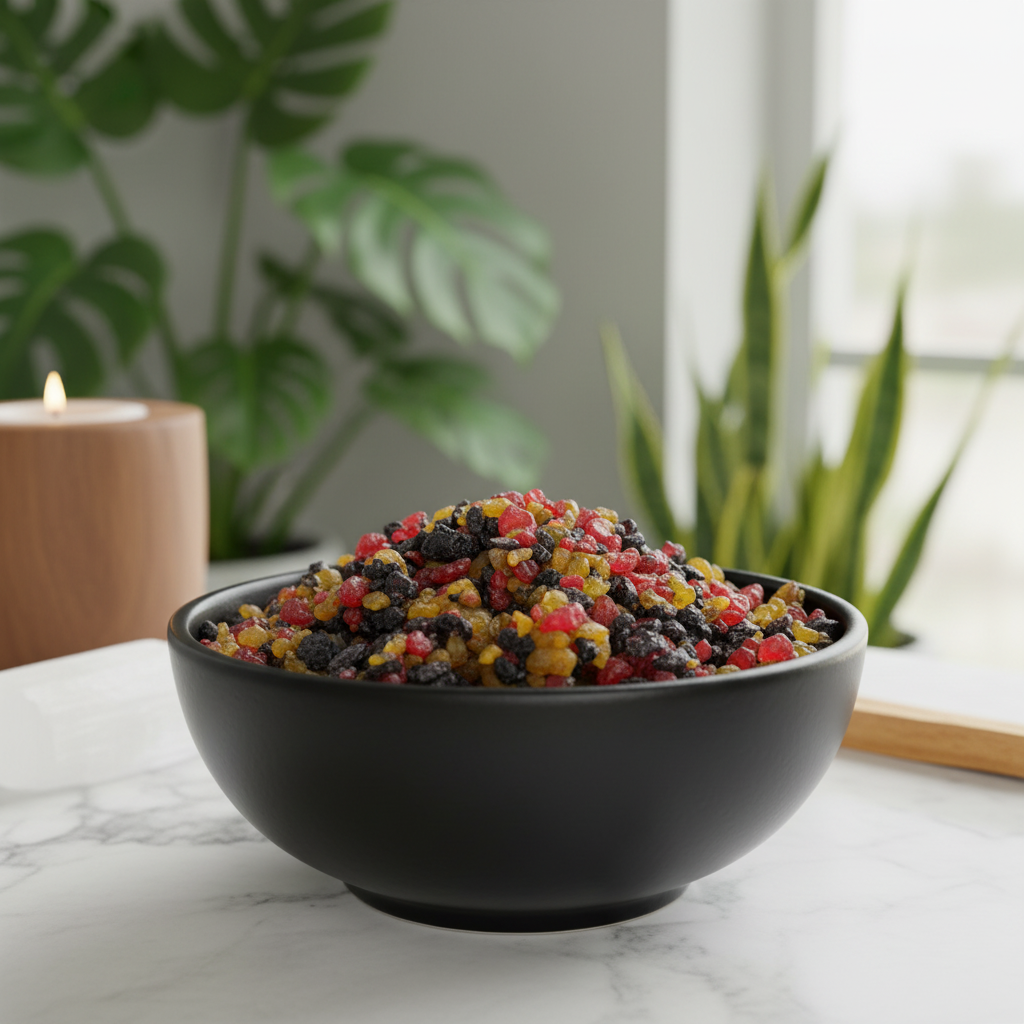 A close-up shot of the 3 Kings Granular Incense in a sleek, matte black ceramic bowl placed on a white marble surface within a modern metaphysical home setting. The scene is illuminated with softbox lighting that highlights the granular texture and rich am