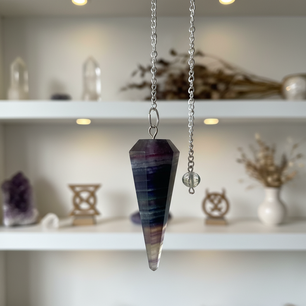 A close-up shot of the 6-sided Multi Fluorite Pendulum, 9 inches in length, suspended from a thin, transparent thread against a modern, minimalist metaphysical home background. Softbox lighting creates gentle highlights on the polished, multi-colored fluor