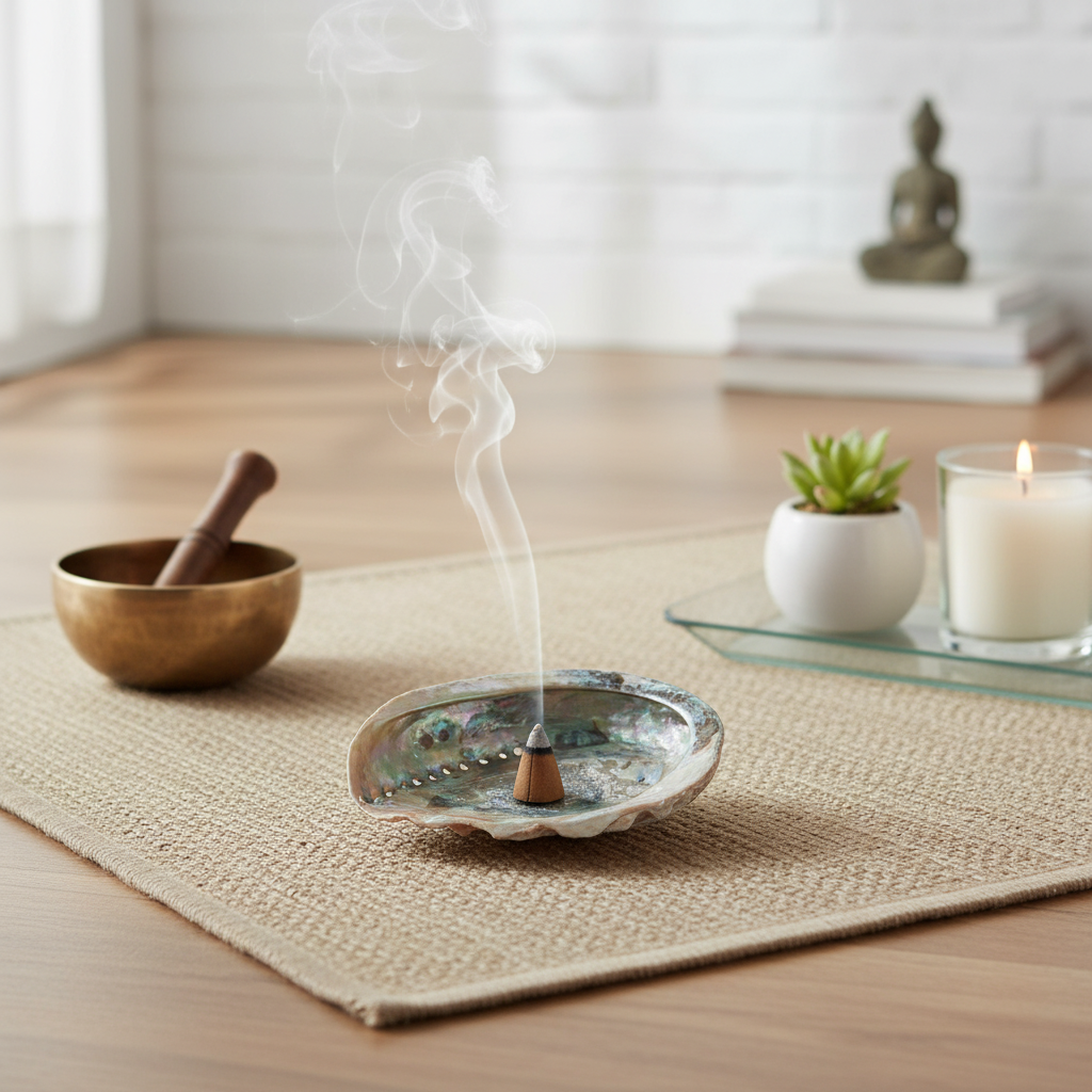 A staged lifestyle composition of the abalone shell incense burner integrated into a calm, Zen-inspired meditation space. The scene uses diffused natural light to enhance the organic shimmer and soft color transitions of the shell, placed prominently on a