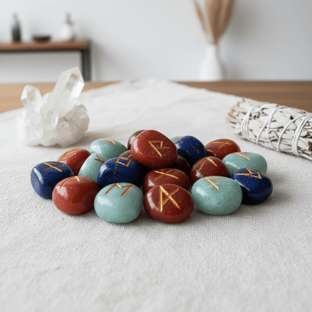 A cross-sectional view of the 7 Chakra Rune Set placed carefully on a textured linen cloth in a modern, metaphysical studio. The scene is illuminated with HDR studio lights that provide even, bright coverage, highlighting the polished surfaces and vivid co