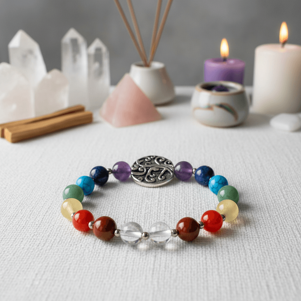 A macro shot of the 7 Chakra Tree Bracelet arranged on a smooth, matte white surface with subtle textured patterns. Rim lighting accentuates each bead’s rich hues and the intricate tree carvings, while the background features a blurred, ethereal metaphysic