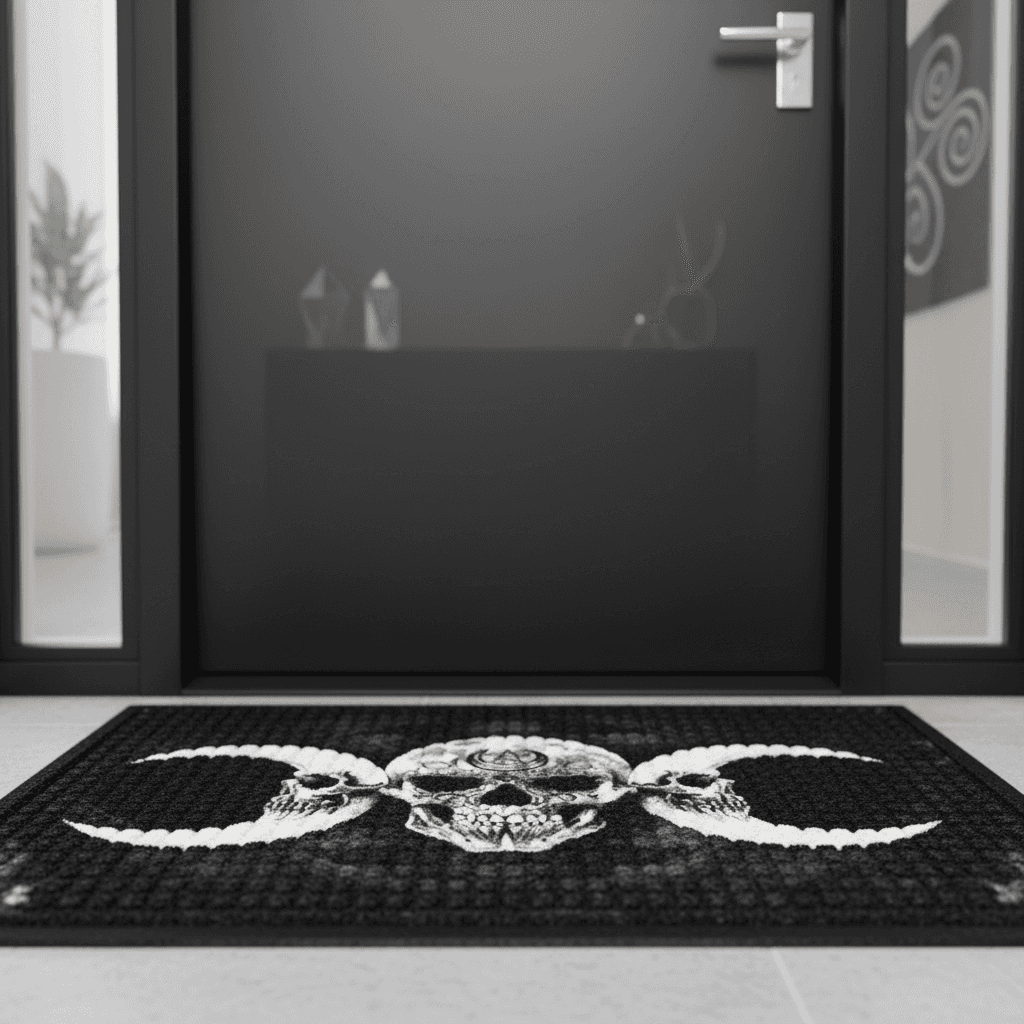A high-resolution close-up shot of the Alchemy Doormat placed at a modern, metaphysical home’s entryway, captured with a softbox lighting setup to highlight the intricate mystical symbols etched into the doormat. The scene features a sleek, minimalist door