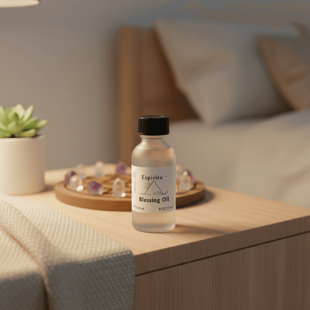 A beautifully styled, modern metaphysical home sanctuary with the All Purpose Blessing Oil prominently displayed on a softly lit bedside table. The scene is shot with rim lighting to emphasize the contours of the frosted glass bottle, creating a halo effec