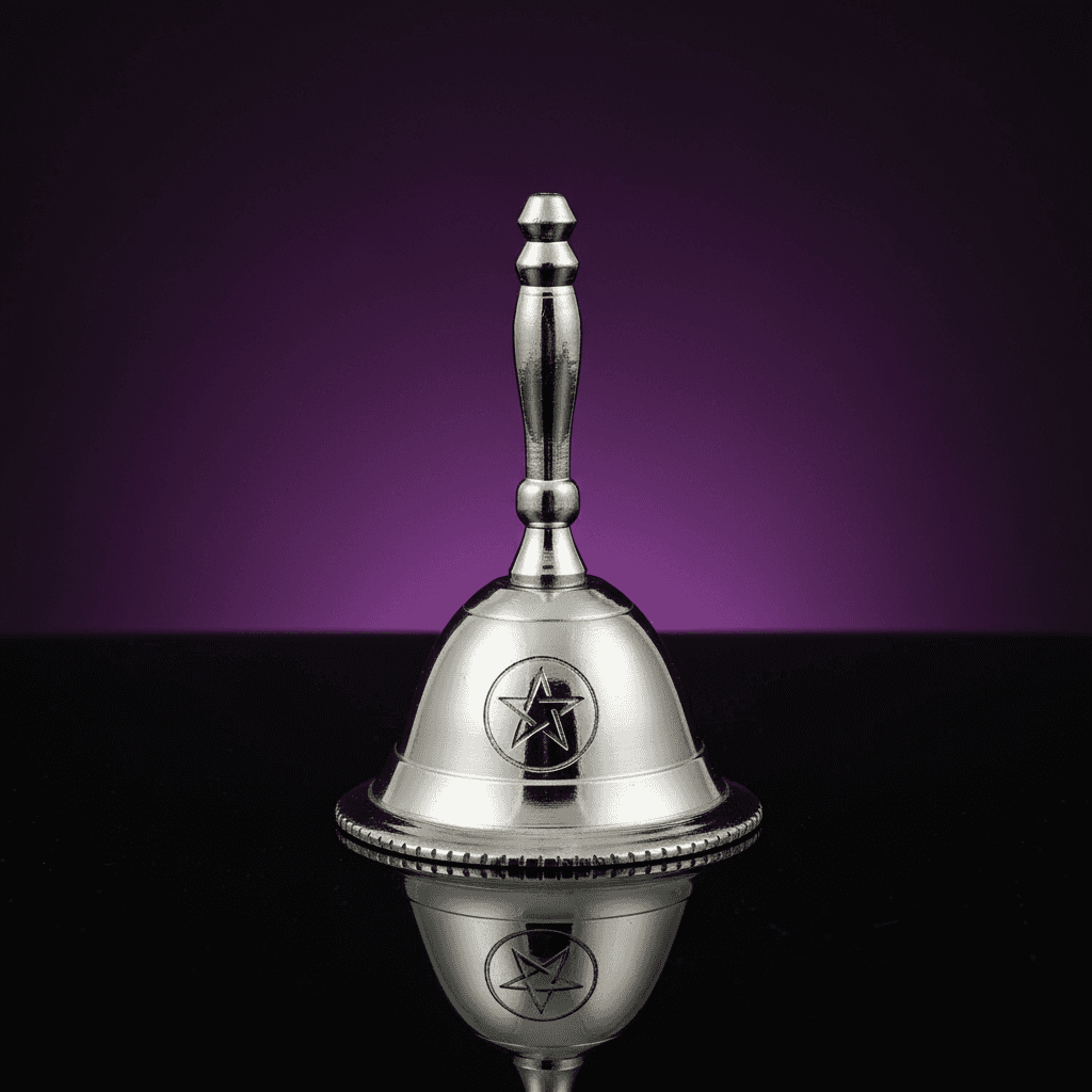 Elegant product display of the Altar Bell with Pentagram Design, 2 1/2 inches, mounted on a sleek, reflective surface in a professional studio environment. Utilizes softbox lighting to create even, bright illumination that enhances the metallic sheen of th