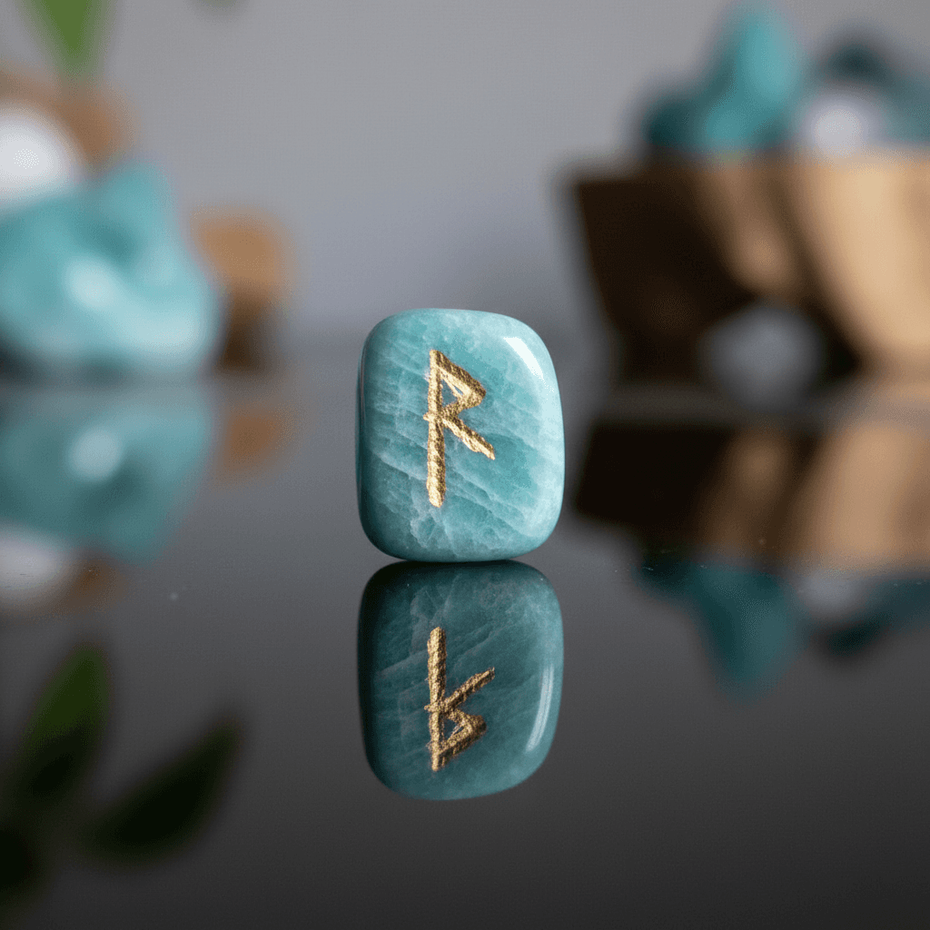 A detailed macro shot of a single Amazonite Rune from the set, isolated on a reflective glass surface. The lighting setup uses diffused daylight to showcase the stone’s natural translucency, subtle veining, and polished finish, with shadows adding depth. T