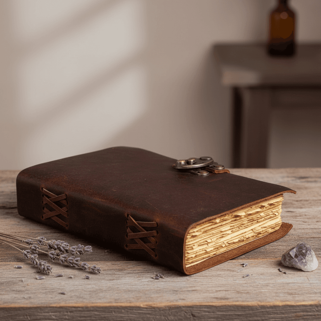 Aged Leather Journal with Latch, 4.5" x 6.5", detail view