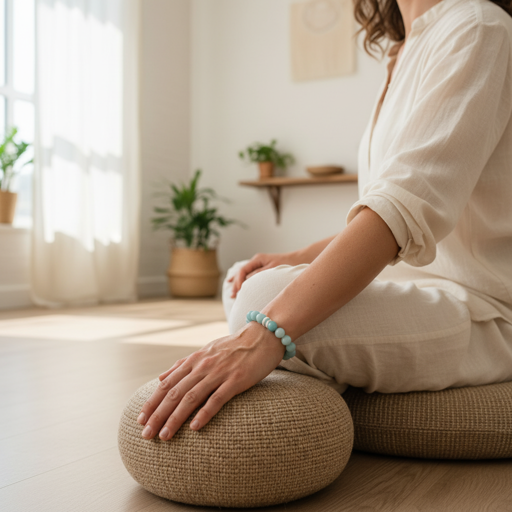 A lifestyle scene shot inside a serene, minimalist yoga studio, featuring a spiritual healer gently resting their hand on a meditation cushion, wearing the Amazonite bracelet prominently on their wrist. The environment is bathed in diffused daylight, with