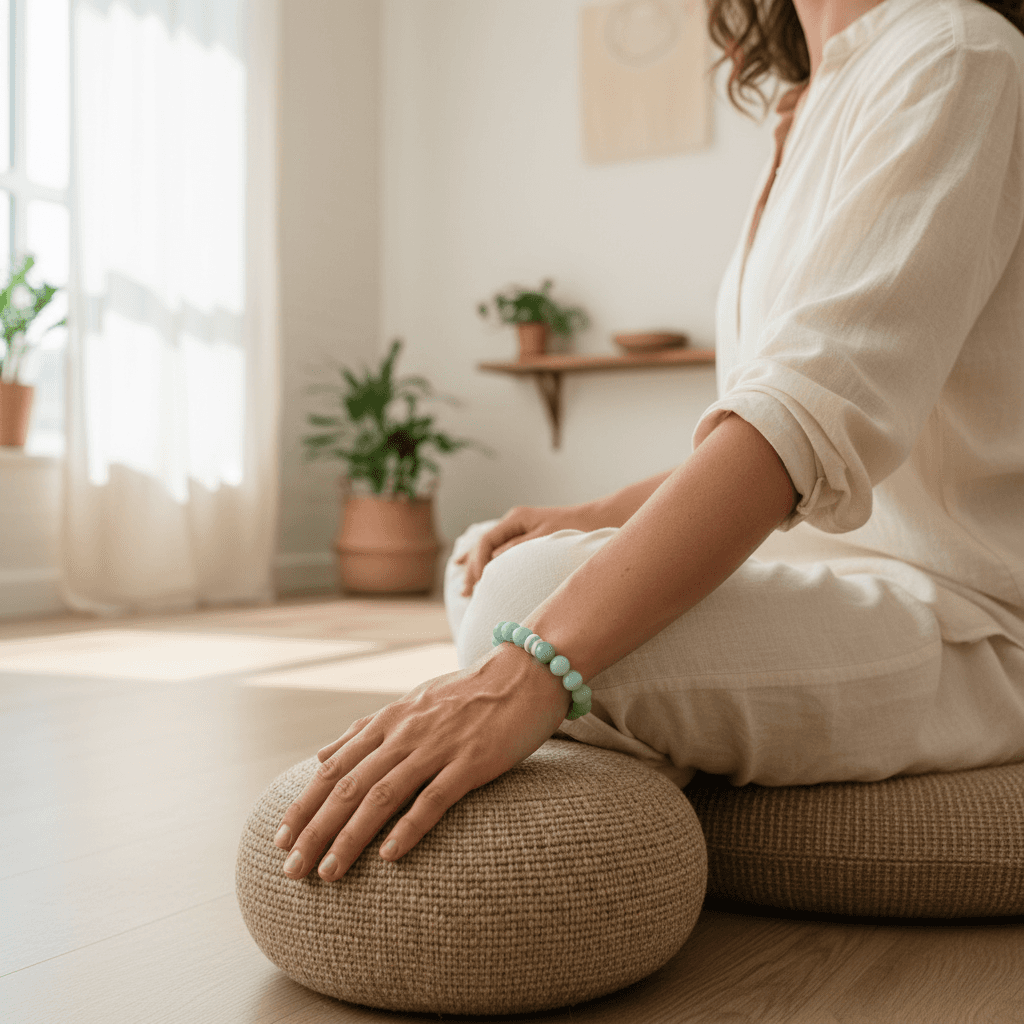 A lifestyle scene shot inside a serene, minimalist yoga studio, featuring a spiritual healer gently resting their hand on a meditation cushion, wearing the Amazonite bracelet prominently on their wrist. The environment is bathed in diffused daylight, with