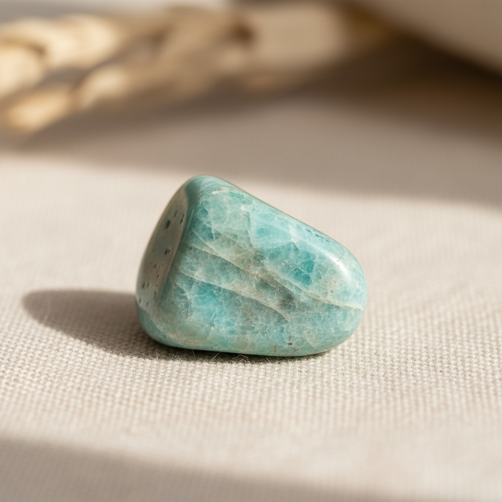 A close-up, product-focused shot of a single Amazonite Tumbled Stone, positioned on a textured linen cloth. The lighting is a diffused daylight setup, providing an even, gentle light that enhances the stone’s smooth, polished surface and subtle color varia