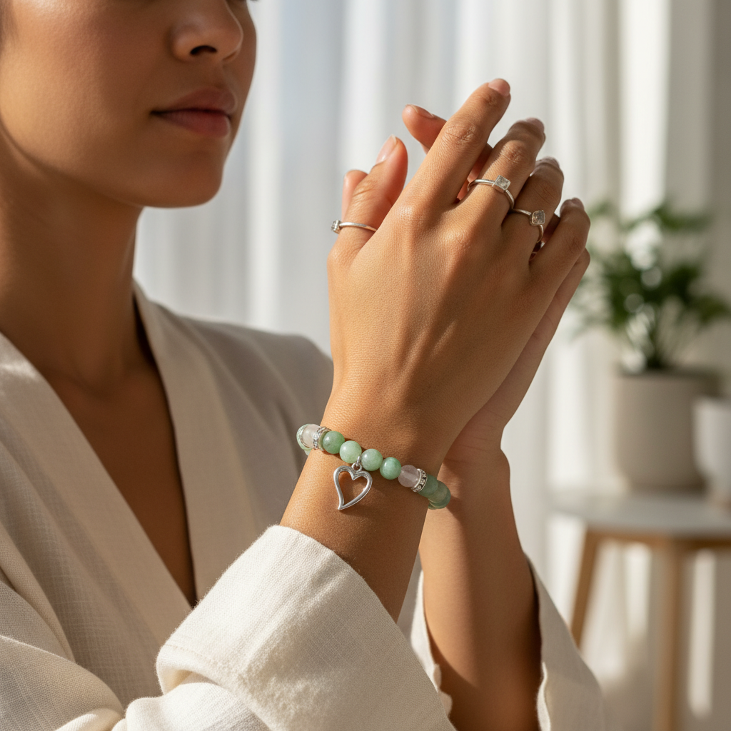 A professional studio shot of the Amazonite Quartz Bracelet With Heart, 8mm, laid out gracefully on a light wooden surface with a smooth matte finish. The bracelet is centered, with a rim light emphasizing its polished beads and heart charm, creating a hal