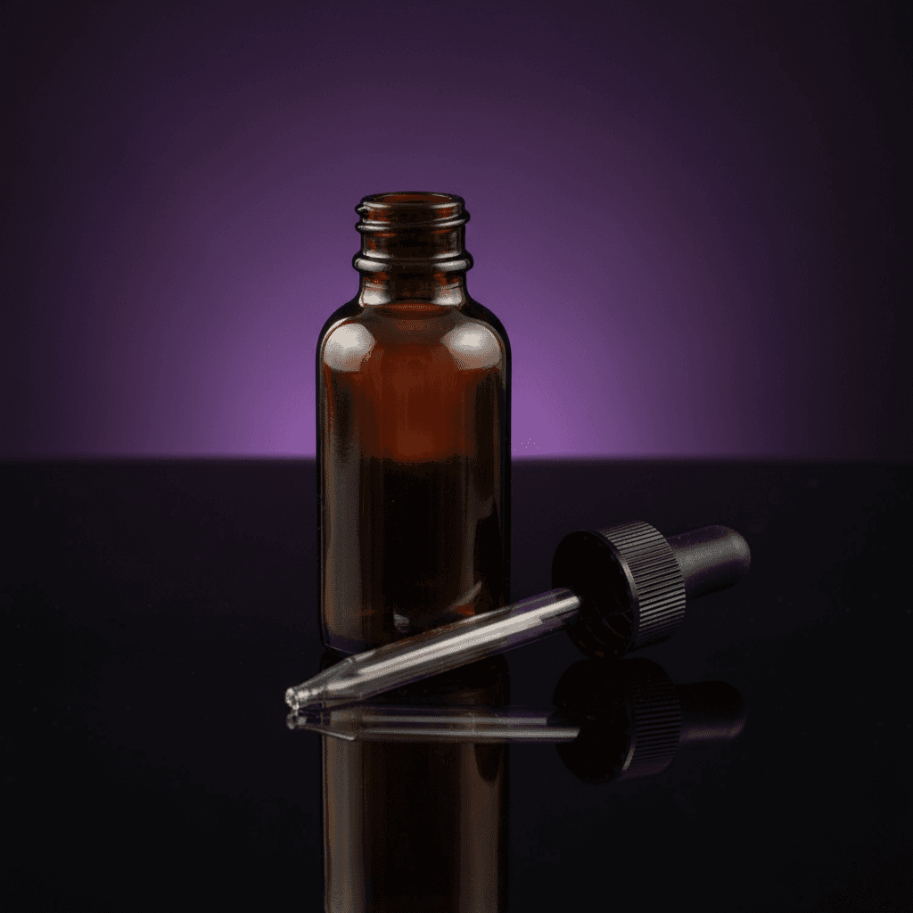 A high-resolution studio shot of the Amber Bottle With Dropper, 1 Oz, placed on a sleek, dark reflective surface under softbox lighting. The bottle is illuminated to highlight its warm amber glass texture, with a focus on the smooth, rounded contours and t