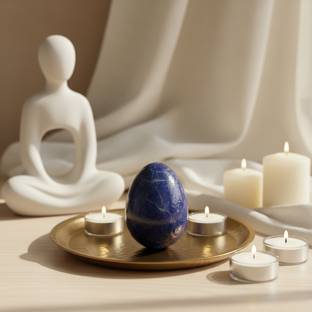 A minimalist studio setting showing a 2-inch gemstone egg positioned on a brass altar tray with a backdrop of soft, creamy textiles, delicate candles, and a meditative statue. The lighting is a combination of diffuse daylight and gentle rim lights that car