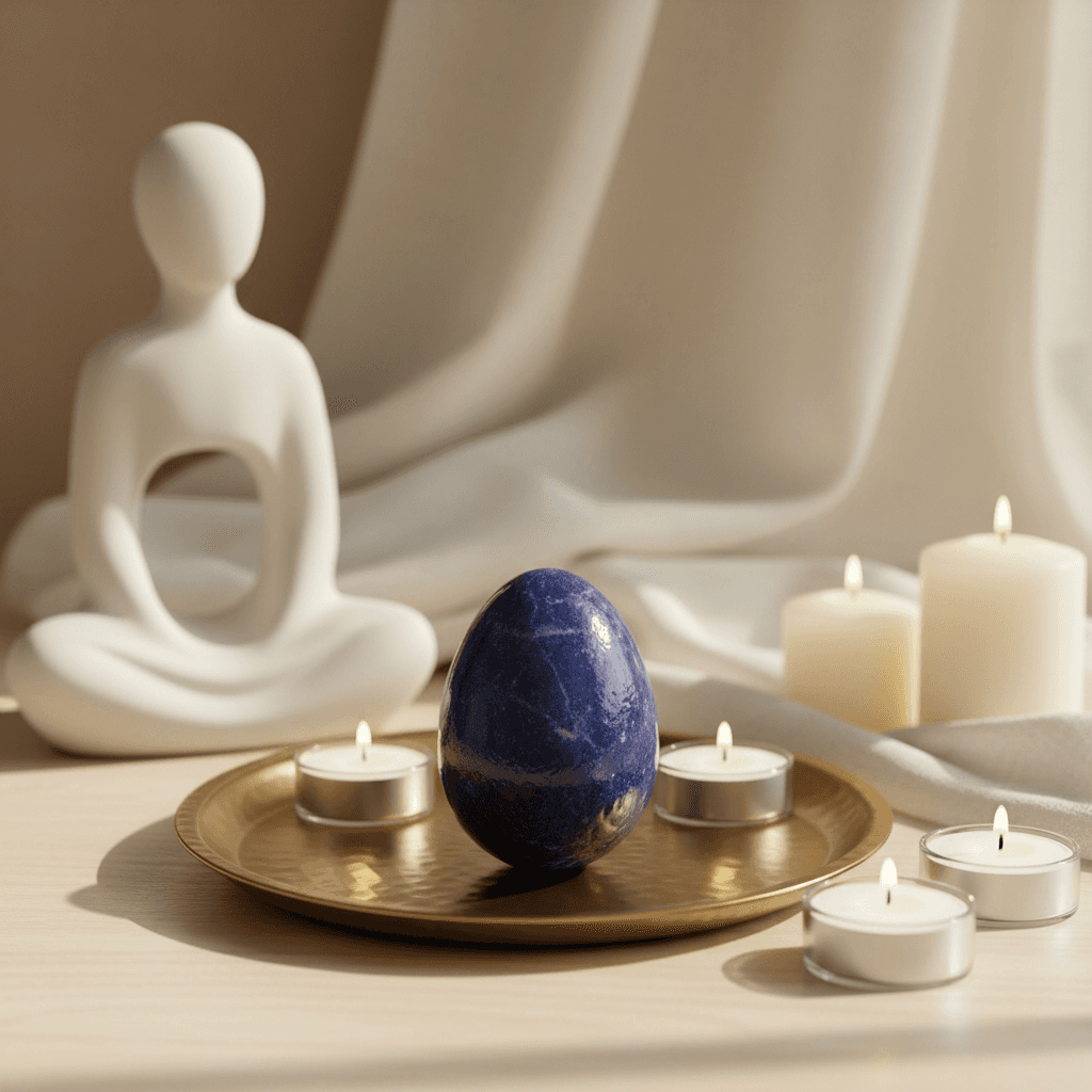 A minimalist studio setting showing a 2-inch gemstone egg positioned on a brass altar tray with a backdrop of soft, creamy textiles, delicate candles, and a meditative statue. The lighting is a combination of diffuse daylight and gentle rim lights that car