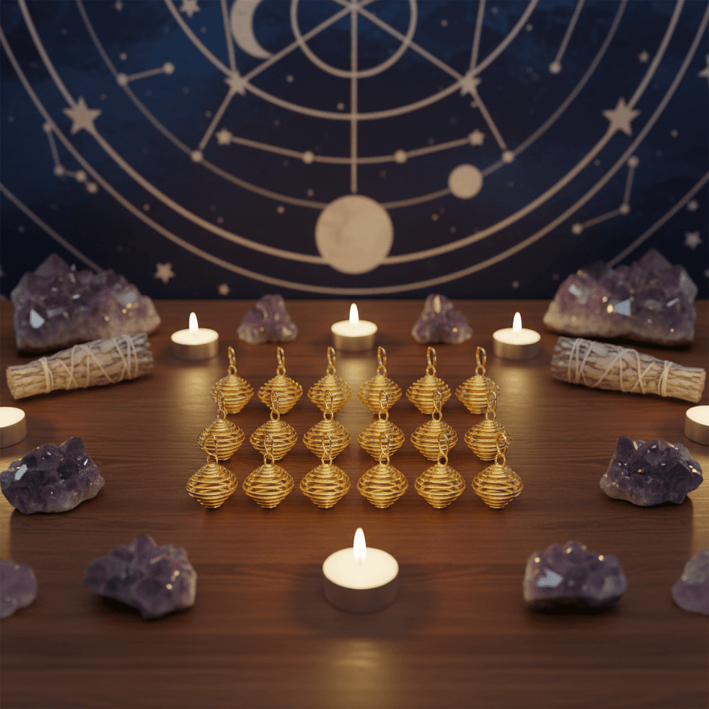 A wide-angle shot of a metaphysical home altar featuring a set of 24 gold plated coils displayed in a symmetrical arrangement atop a polished wooden surface. The coils are surrounded by small white candles, sage bundles, and amethyst clusters, all bathed i