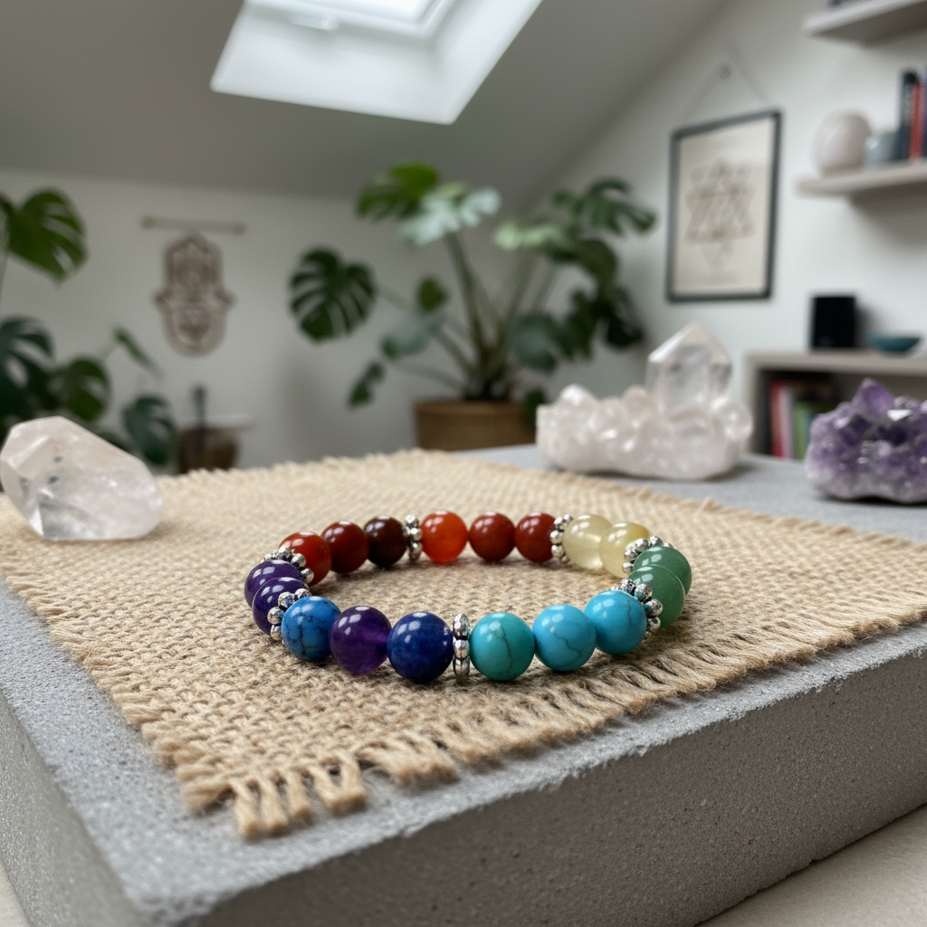 A detailed, hyper-realistic image of the 7 Chakra Flower Bracelet resting in a zen-inspired sacred space, captured with a macro lens to highlight the fine craftsmanship and intricate flower motif embedded in the beaded design. The scene is lit with soft di