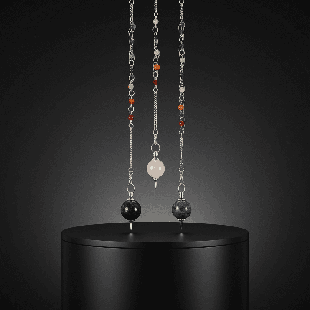 A sleek, modern sacred space arranged within a studio environment, illuminated with rim lighting that highlights the glossy texture of the chakra balls. Positioned on a matte black pedestal, the 7 Chakra Assorted Ball Pendulum is centered in the frame, per