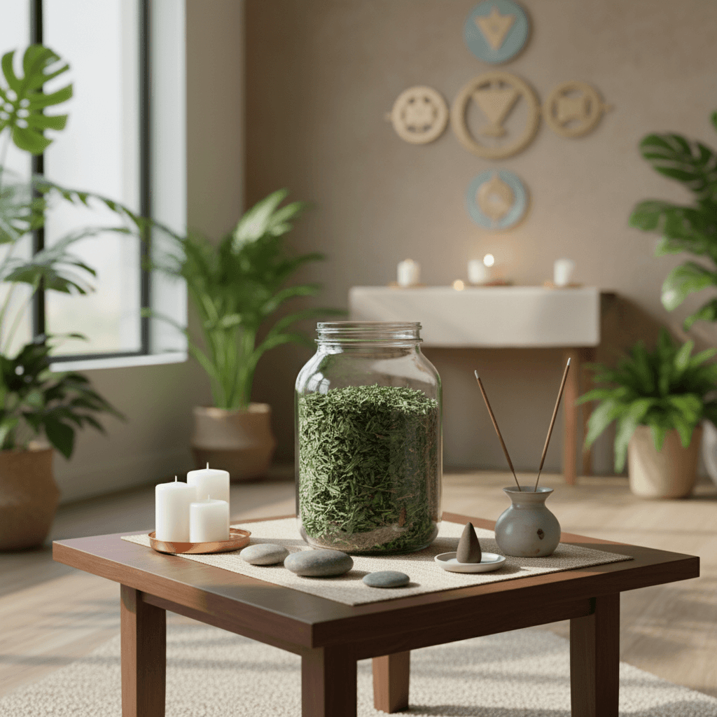 A modern, meditative meditation corner set within a lush, green plant-filled room bathed in natural daylight, with a focus on a small ritual table made of dark wood. The table holds meticulously arranged dried alfalfa leaves alongside ritual implements lik