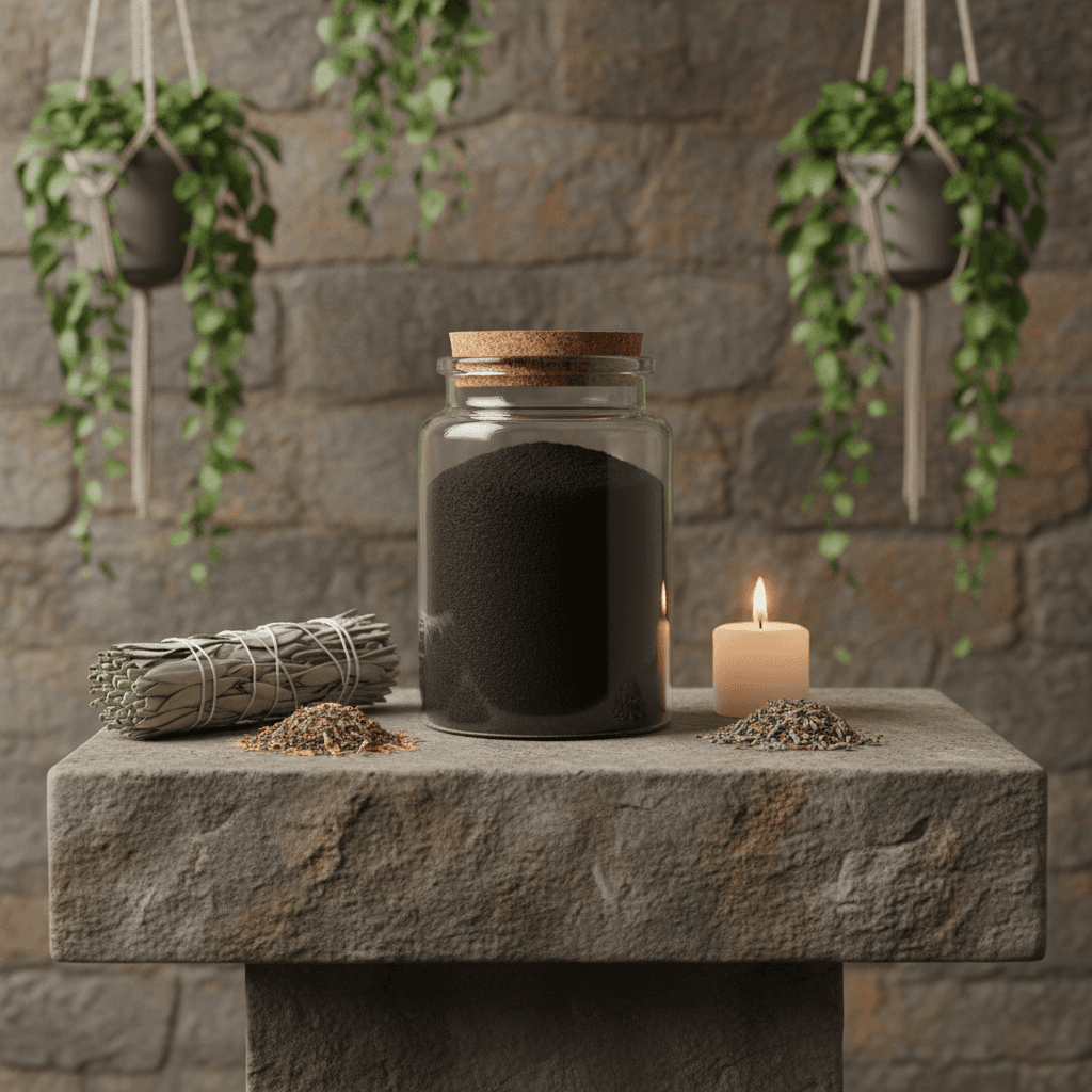 A wide-angle shot of a modern ascetic sanctuary featuring a 1 lb container of activated charcoal powder on a stone altar. Overhead studio lighting creates an even, diffused glow that highlights the powder’s fine texture and matte finish. Surrounding the ja