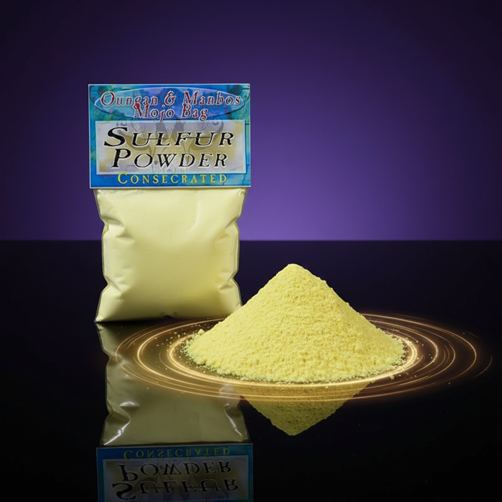 A high-resolution studio shot featuring a mound of consecrated sulfur powder placed on a sleek, reflective black surface. The scene is illuminated by HDR studio lighting with softbox diffusers, creating a luminous glow that highlights the fine, crystalline
