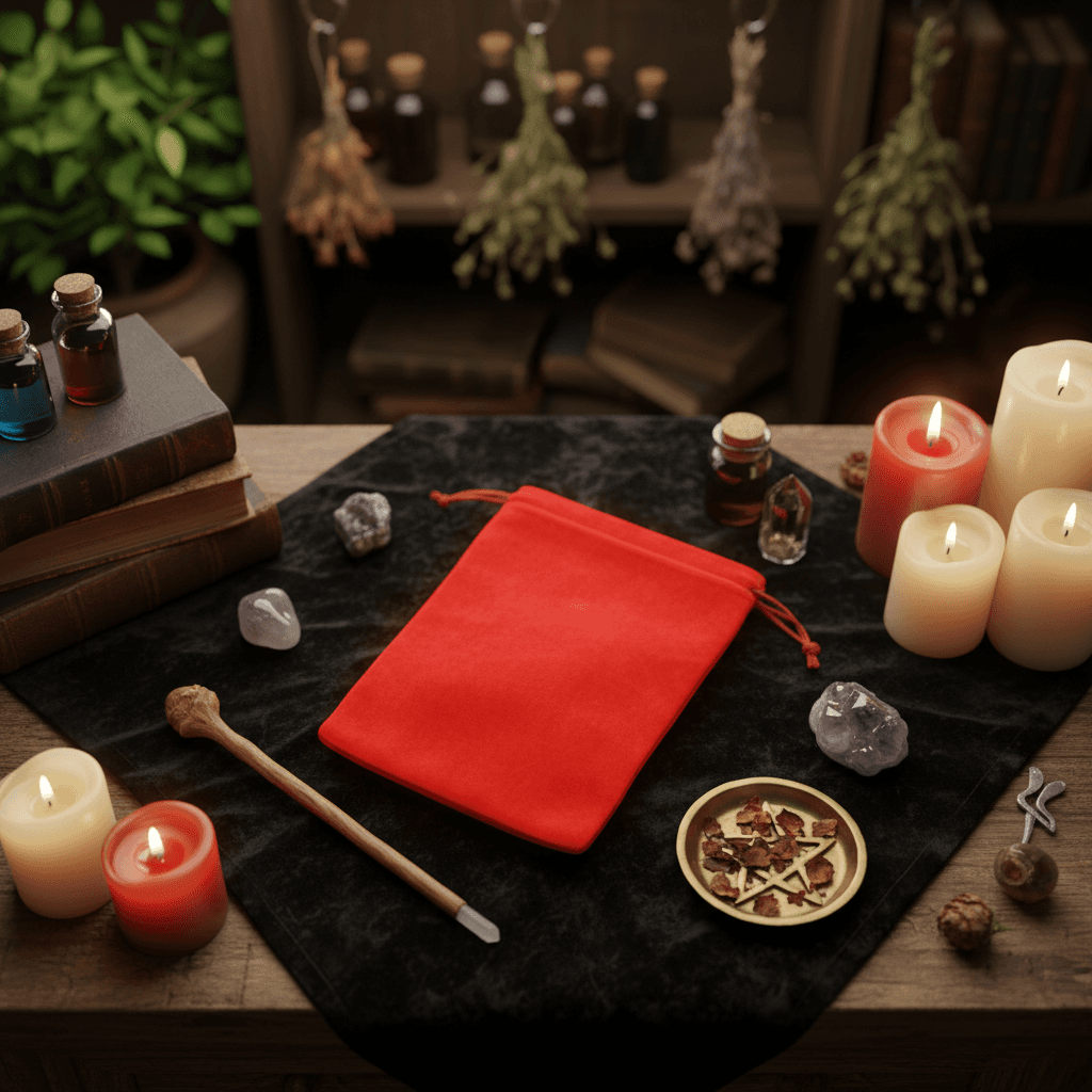 Show a lifestyle scene featuring the velveteen bag resting on a dark velvet cloth atop an altar adorned with candles, crystals, and ritual tools. Use HDR studio lighting with soft rim lights to enhance the luxurious texture and vibrant red hue of the fabri