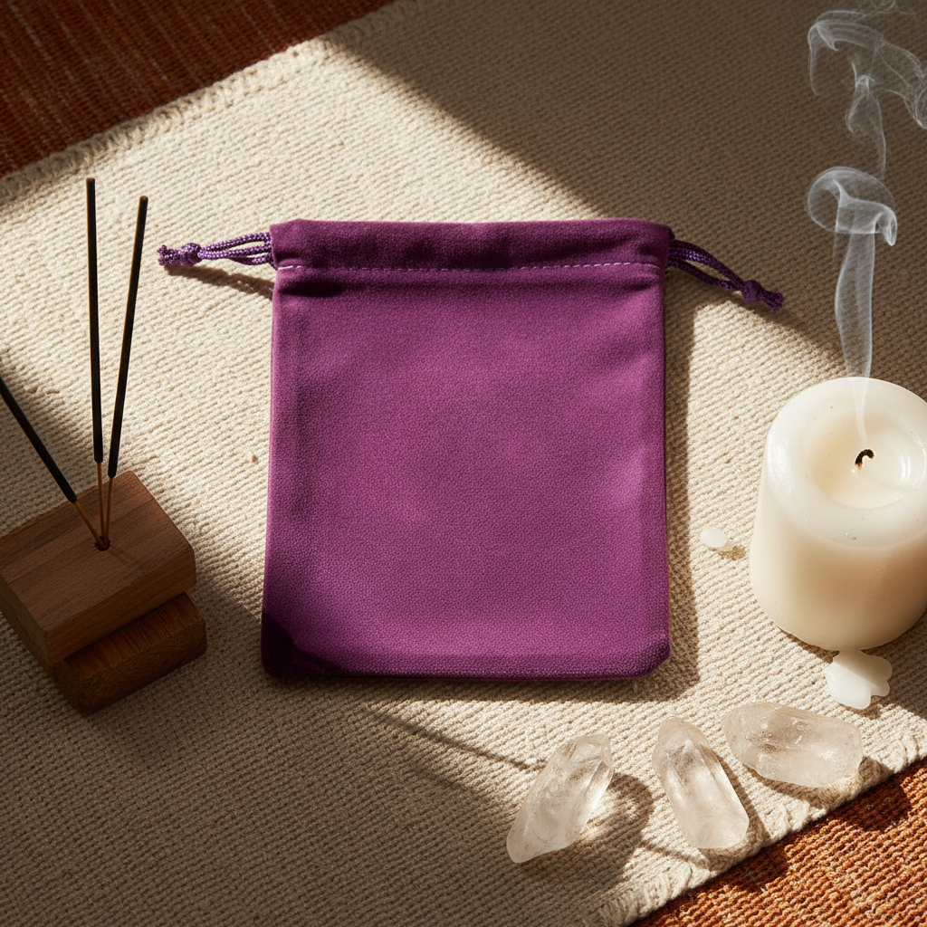 Depict the purple velveteen bag in a serene, mystical setting with natural diffused daylight streaming from the side, creating a gentle, calming glow. The shot is a styled flat lay from an overhead perspective, emphasizing the bag’s compact size (4 x 5.5 i