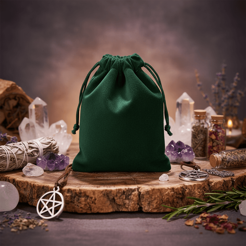 Visualize the Green Velveteen Bag in a serene, ritualistic scene, set within a softly lit, mystical altar environment. Position the bag center stage, slightly elevated on a textured wooden surface, surrounded by symbolic artifacts such as crystals, charms,
