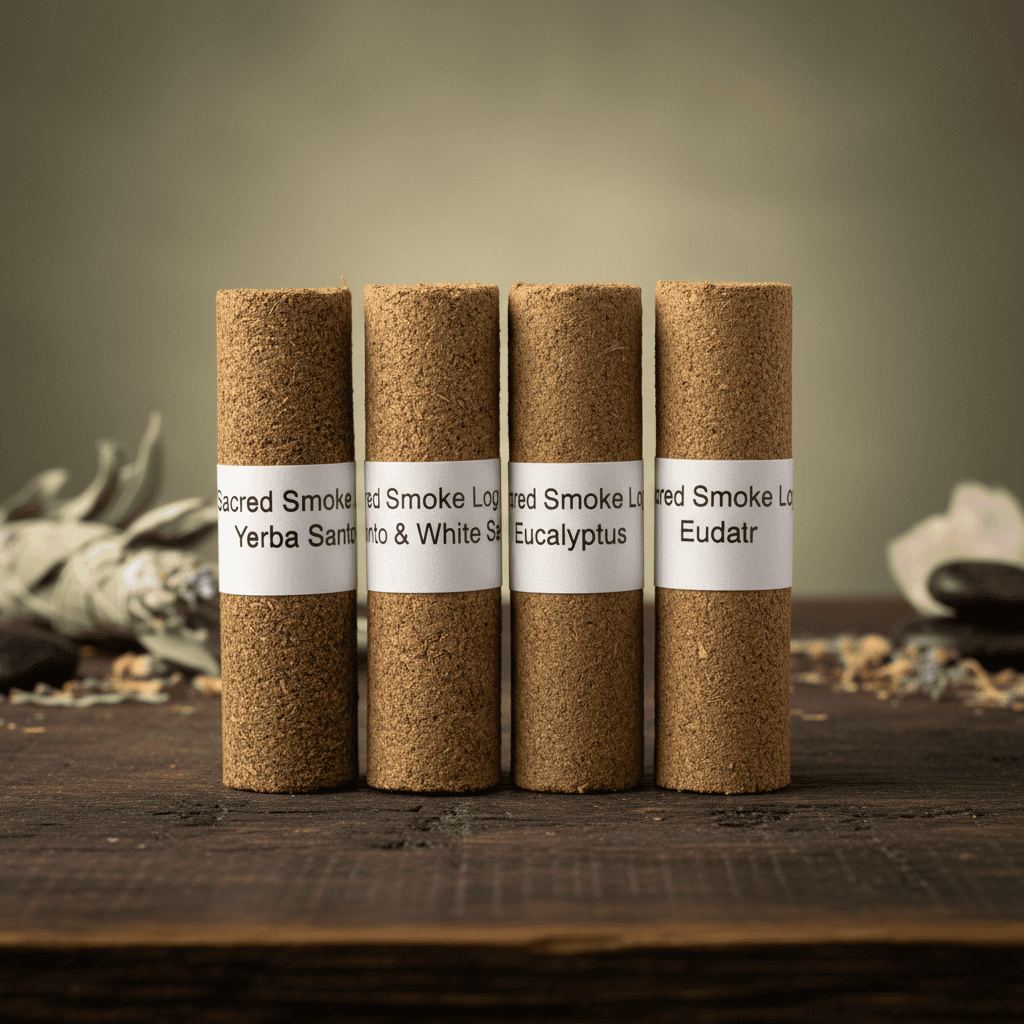 A cinematic, high-resolution studio shot of the Sacred Logs, Set of 4, 4 Inches, arranged in a symmetrical formation on a dark, textured wooden surface. The logs are illuminating softly with warm, ambient lighting from diffused daylight studio lights, crea