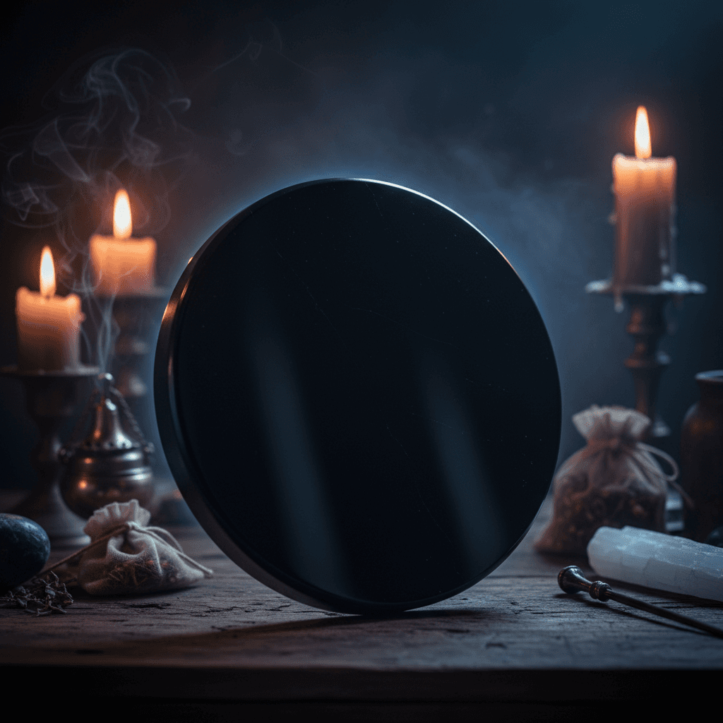 Set a dramatic, mystic scene with the Black Obsidian Scrying Mirror, 4 inches, positioned on a weathered altar table in a dimly lit, enchanted chamber. Use a rim light focused along the mirror’s edges to create a halo effect that accentuates its depth and