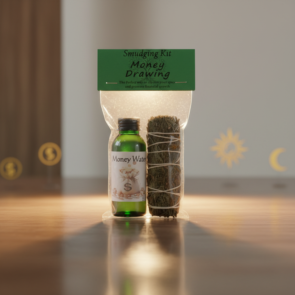 Capture a cinematic, studio-shot of the Money Drawing Smudge Kit set, displayed on a minimalist, elegant wooden surface illuminated by softbox lighting that creates a warm, inviting glow. Use a macro lens to highlight the intricate textures of the sage, pa