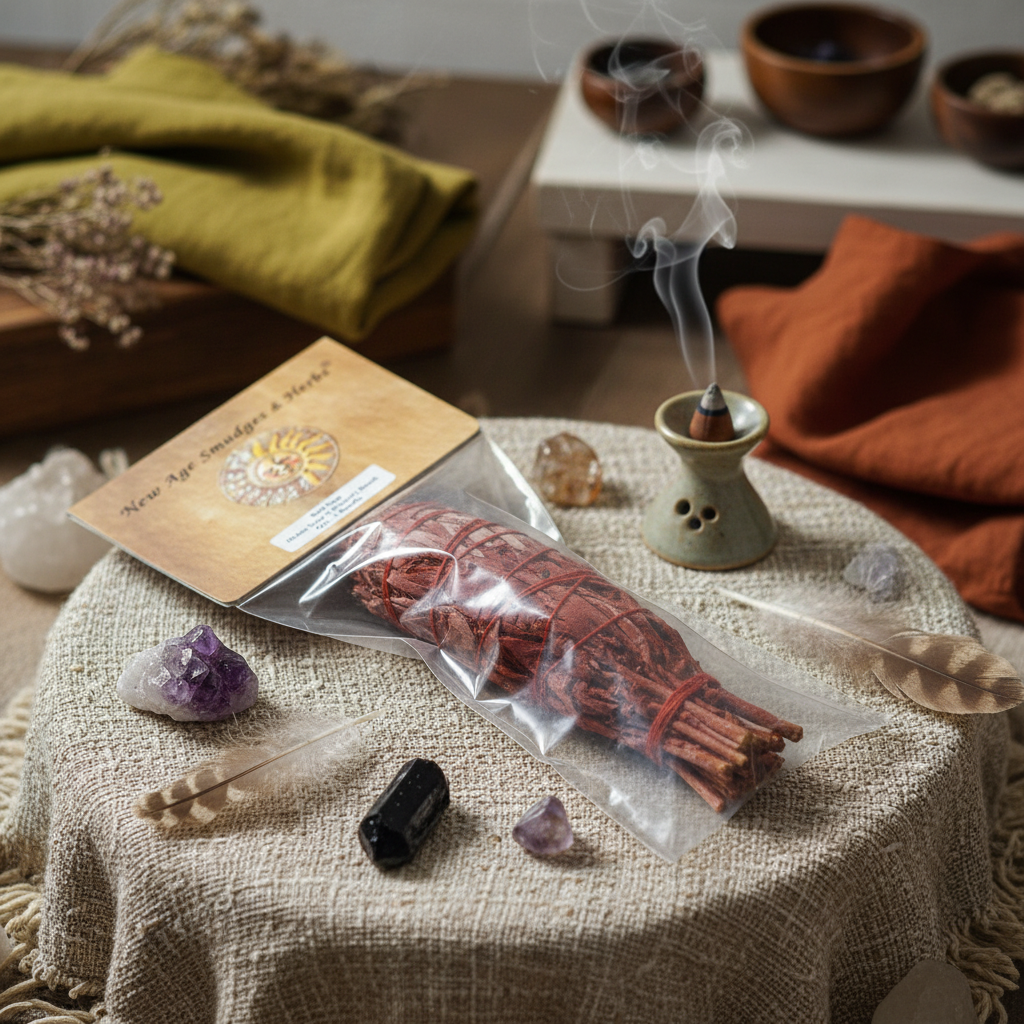 Create an artistic lifestyle scene featuring the White Sage and Dragon's Blood Smudge Stick resting on a rustic, natural fiber altar surrounded by ritual accessories such as small crystals, feathers, and incense. Use diffused daylight studio lighting to cr