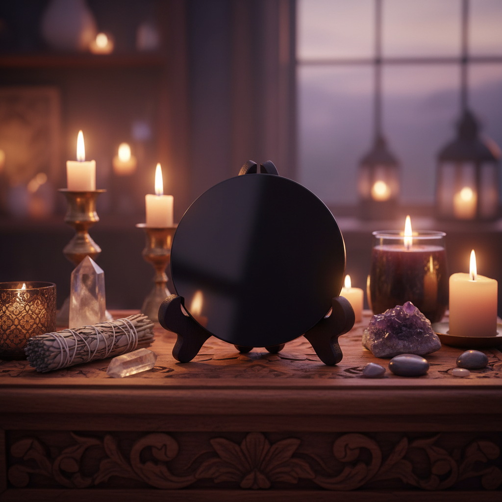 Generate a vivid lifestyle scene in a softly lit, elegantly styled metaphysical practitioner's ritual space, featuring the Black Obsidian Scrying Mirror with Stand, 6cm. Capture the mirror placed on an ornate wooden altar surrounded by candles, sage bundle
