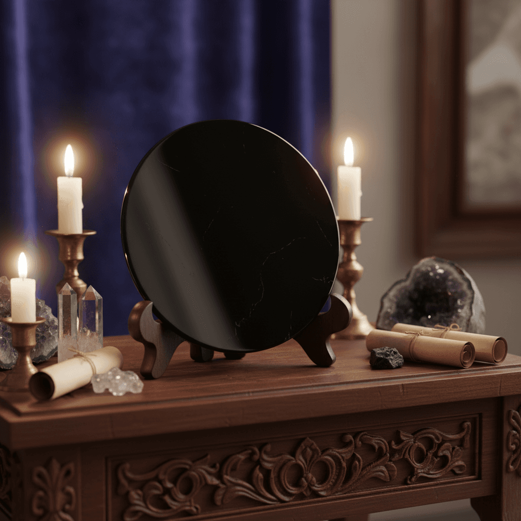 Black Obsidian Scrying Mirror with Stand, 10cm, alternate view
