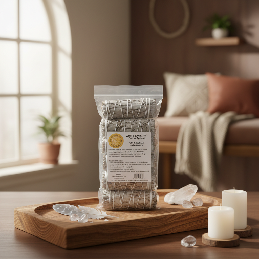 Create a serene lifestyle scene featuring a set of 6 white sage smudge sticks resting on a natural wooden altar or tray, with soft, natural daylight filtering in through a nearby window to evoke a peaceful, sacred atmosphere. Use HDR studio lighting to eve