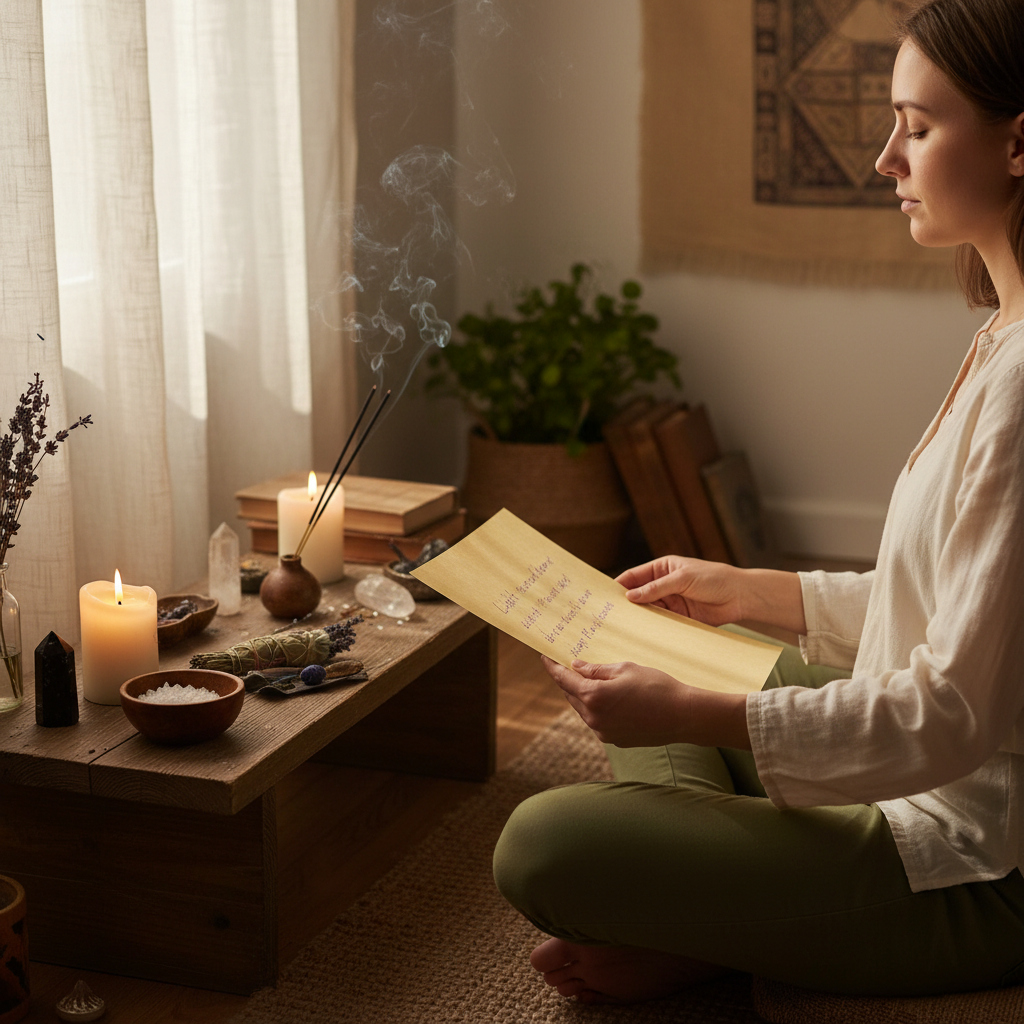 Create a mystical lifestyle scene in a cozy, softly illuminated space, featuring a person in peaceful meditation or ritual practice handling a sheet of Light Parchment by AzureGreen. The person, seated at a rustic wooden altar adorned with incense, candles