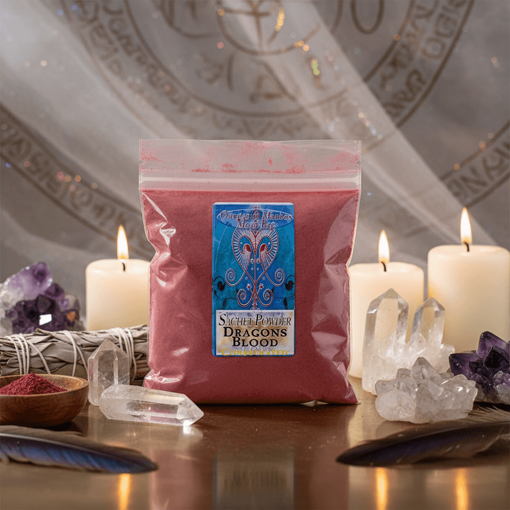Illustrate a dramatic, cinematic shot of a Dragon's Blood Sachet Powder jar placed on an elegant ritual altar. The environment is styled with ambient, diffused daylight filtered through a semi-transparent, mystical backdrop. Use HDR studio lighting to enha