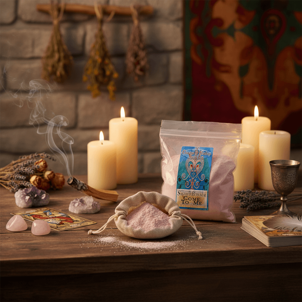 An elegant lifestyle scene presenting the 'Come to Me Sachet Powder' arranged thoughtfully on a rustic altar adorned with candles, crystals, and ritual tools in a softly lit ambient setting. The image is shot with an HDR studio light setup from a slightly